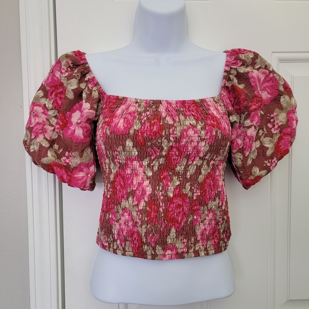 Forever 21 Puff Sleeve Ruched Cropped Floral Blouse Hot Pink Brown Size Small